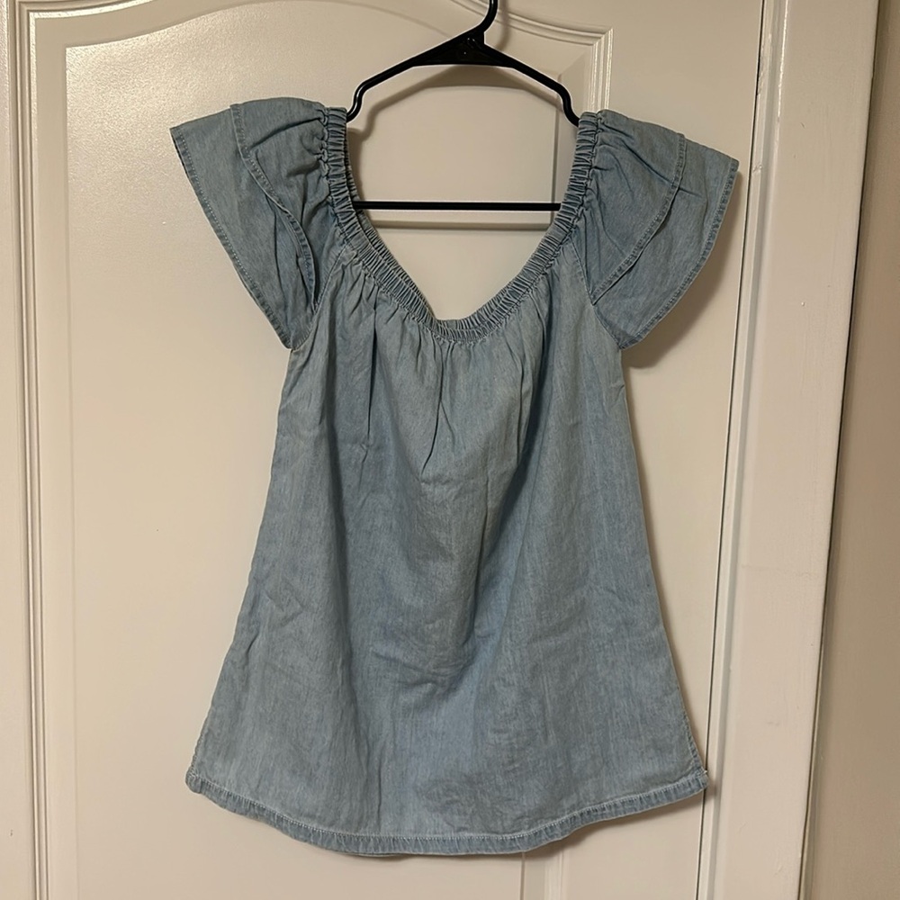 Chambray off shoulder ruffle top